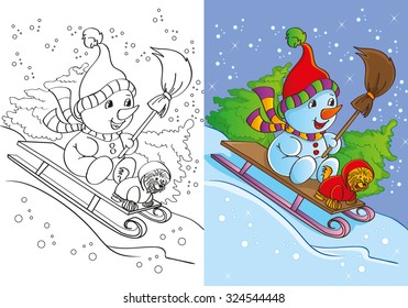 Coloring book or cartoon Christmas Illustration of funny snowman for children