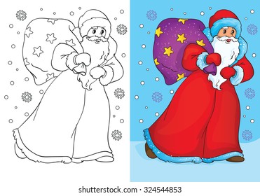 Coloring book or cartoon Christmas Illustration of Father Frost with bag for children