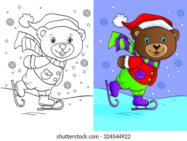 Coloring book or cartoon Christmas Illustration of bear skating for Children