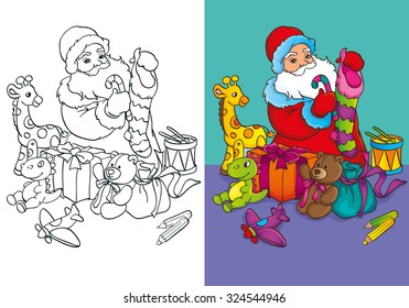 Coloring book or cartoon Christmas Illustration of Father Frost packing gifts for children