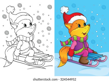 Coloring book or cartoon Christmas Illustration of fox sitting on a sled for children