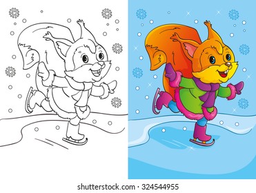 Coloring book or cartoon Christmas Illustration of squirrel is skating for Children