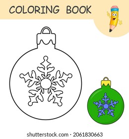 Coloring book with cartoon Christmas tree toy. Colorless and color samples Ball on coloring page for kids. Coloring design in cute cartoon style. Black contour silhouette with a sample for coloring.