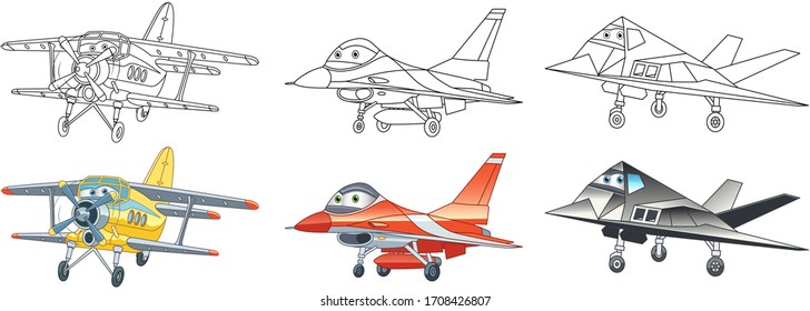 Coloring Book. Cartoon Clipart Airplanes Set For Kids Activity Colouring Pages, T Shirt Print, Icon, Logo, Label, Patch Or Sticker. Vector Illustration.