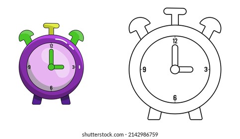 Coloring book. Cartoon clipart alarm clock for kids activity colouring pages. Vector illustration