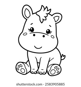 Coloring book cartoon Cute Baby Hippo.Funny animal outline on White Background