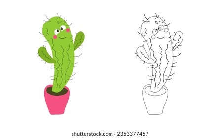 Coloring book cartoon cute cactus in a pot. Funny emotion character. Vector illustration. An outline black and white drawing and a color version for an example