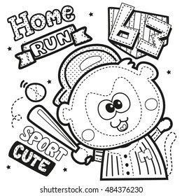 Coloring book, cartoon cute monkey playing baseball with baseball cap illustration vector.