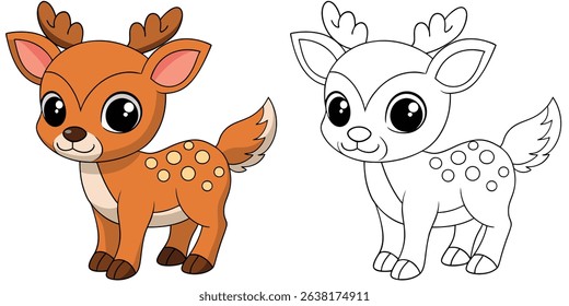 Coloring book cartoon deer fawn with tiny antlers on white background outline vector illustration