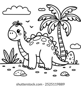 A coloring book a cartoon of a dinosaur with a palm tree in the background
