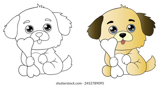 Libro para colorear perro de dibujos animados con un hueso. Ilustración vectorial de un cachorro, color y blanco y negro. Perro Clipart.