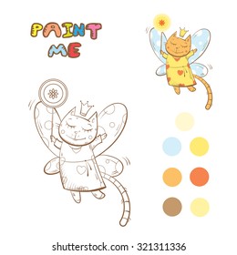 Coloring book with cartoon fairy cat.