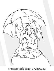 Coloring book cartoon fantasy illustration of a pretty vampire girl sitting under the umbrella