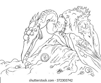 Coloring book cartoon fantasy illustration depicting a strange big bird looking for food and finding an egg