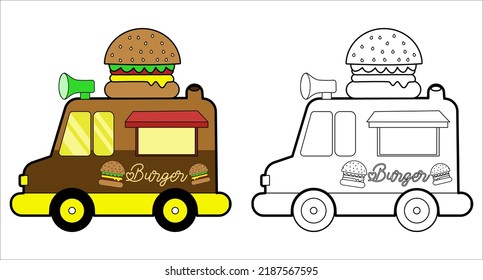 Coloring book. Cartoon fast-food car with a big hamburger for kids activity colouring pages. Vector illustration