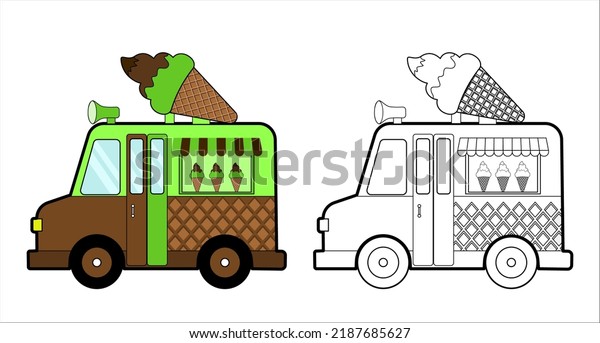 Coloring book.\
Cartoon fast-food car with a big ice cream for kids activity\
colouring pages. Vector\
illustration