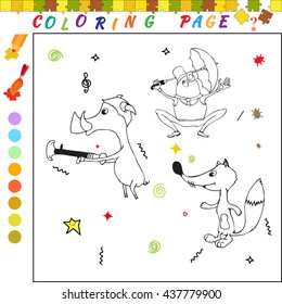 Coloring book with cartoon fox, pig and frog Funny image for colouring