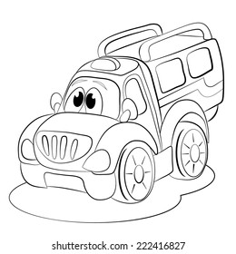 Coloring book. Cartoon funny car minivan.