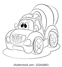 Coloring book. Cartoon funny car barrel with cement.