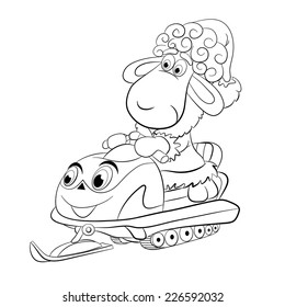 Coloring book. Cartoon funny sheep goes on a snowmobile.
