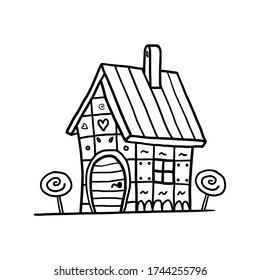 Coloring book of cartoon gingerbread house from fairy tales. Black stroke on white. Hand drawn vector illustration.