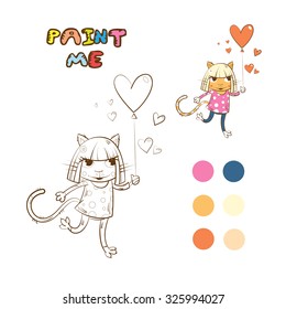 Coloring book with cartoon girl cat and ballon.