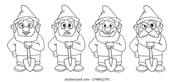 Coloring book with cartoon gnomes with a spade a set of four characters. Isolated on a white background. Stock illustration