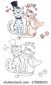 Coloring book with cartoon groom and bride cats