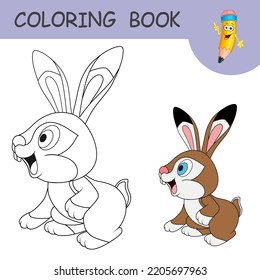 Coloring book with cartoon Hare or Rabbit. Side view of hare with long ears. Hare as a symbol of the new year. Template of colorless and color samples of Rabbit. Practice worksheet for kids.