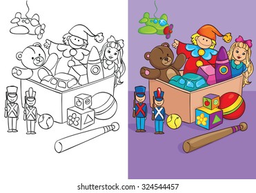 Coloring book or cartoon Illustration of box with toys for children