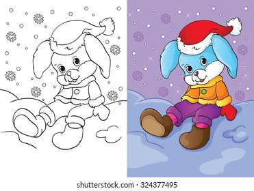 Coloring book or cartoon Illustration of bunny in a Christmas hat for children