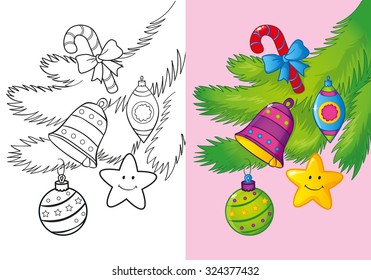 Coloring book or cartoon Illustration of Christmas decorations on a Christmas tree branch for children