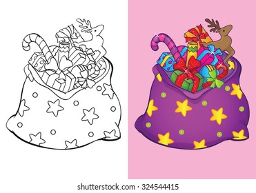 Coloring book or cartoon Illustration of Christmas bag with gifts for children