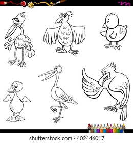 Coloring Book Cartoon Illustration of Funny Birds Characters Set