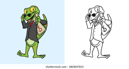 Coloring Book Cartoon Illustration Gecko With Money Bag