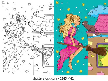 Coloring book or cartoon Illustration of Halloween witch flying with broom for children