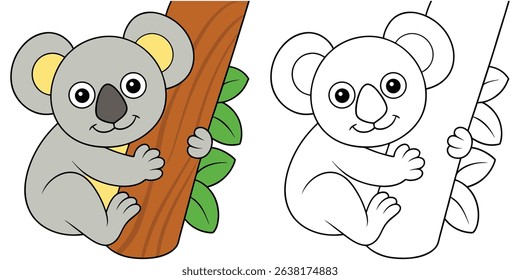 Coloring book cartoon koala hugging a tree trunk printable with outline vector illustration