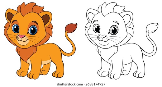 Coloring book cartoon lion cub with a small mane on white background vector illustration