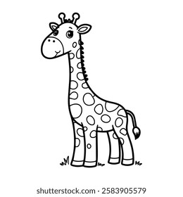 Coloring book cartoon little giraffe standing on grass.Funny animal outline