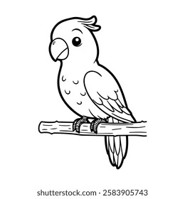 Coloring book cartoon little Parrot on Branch.Funny animal outline On White Background