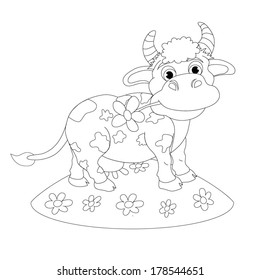 Coloring book. Cartoon of merry little cow. Personage.