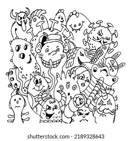 Coloring book cartoon monsters. Scary, funny microbes and bacteria. Hand drawn vector line art. Coloring page for children and adults.