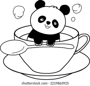 Coloring book cartoon panda in coffee cup .vector illustration