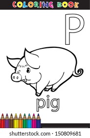 Coloring book with cartoon pig character. P Children's Educational and fun.