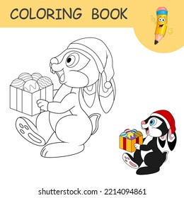 Coloring book with cartoon rabbit carries full box of New Year's toys. Colorless and color example Hare on coloring page for kids. Template of Rabbit as a symbol of 2023 Chinese New Year for coloring.