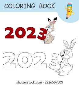 Coloring book with cartoon Rabbit carries a number three. Colorless and color example Hare as symbol of 2023 on coloring page. Worksheet, Antistress, Greeting card coloring with new year art for kids.
