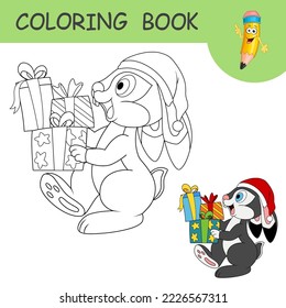 Coloring book with cartoon rabbit carry present box for celebration party. Colorless and color example Hare on coloring page. Worksheet, Greeting card or Antistress coloring with new year art for kids