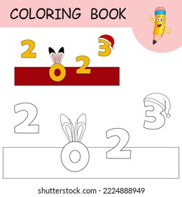 Coloring book with cartoon Rabbit ears and Santa claus hat on numbers 2023. Colorless and color example Hare on coloring page. Worksheet, Greeting card, Antistress coloring with new year art for kids.