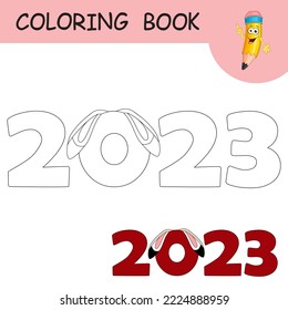 Coloring book with cartoon Rabbit ears on numbers 2023. Colorless and color example Hare as symbol of 2023 on coloring page. Worksheet, Greeting card, Antistress coloring with new year art for kids.