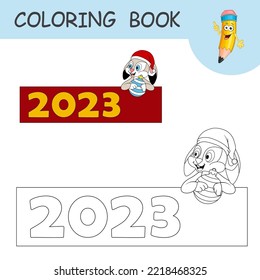 Coloring book with cartoon Rabbit in santa hat and numbers 2023. Colorless and color example Hare as symbol of 2023 on coloring page. Worksheet, Greeting card, Antistress coloring with art for kids.